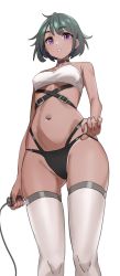 Rule 34 | 1girl, absurdres, bare shoulders, black choker, black panties, bob cut, buckle, choker, commentary, dark-skinned female, dark skin, english commentary, green hair, highres, holding, holding whip, kiritzugu, looking at viewer, nail polish, navel, open mouth, original, panties, purple eyes, short hair, solo, standing, strap, strapless, thighhighs, triangle mouth, tube top, underwear, whip, white thighhighs