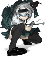 Rule 34 | 1girl, absurdres, bandaged arm, bandages, battoujutsu stance, black footwear, black hairband, black thighhighs, blue eyes, fighting stance, green skirt, hair between eyes, hairband, highres, holding, holding sword, holding weapon, incoming attack, konpaku youmu, looking at viewer, niwarhythm, panties, pantyshot, parted lips, pleated skirt, ready to draw, sanpaku, shoes, simple background, skirt, solo, squatting, sword, thighhighs, touhou, underwear, weapon, white background, white hair, white panties