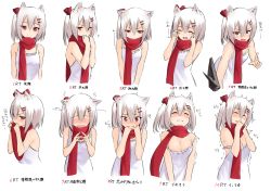 Rule 34 | 1girl, adjusting scarf, animal ears, bare arms, bare shoulders, blush, breasts, cleavage, closed mouth, crying, dress, embarrassed, expression chart, expressions, eyebrows, closed eyes, female focus, fidgeting, flying sweatdrops, fox ears, hair between eyes, hair ornament, hair ribbon, hairclip, hands on own face, index fingers together, kyoo-kyon (kyo-kyon), looking at viewer, multiple views, nose blush, one side up, open mouth, original, pout, red eyes, red ribbon, red scarf, ribbon, scarf, short hair, simple background, sleeveless, sleeveless dress, small breasts, smile, strap slip, suzunari arare, teeth, trembling, tsurime, upper body, v arms, w arms, wavy mouth, white background, white dress, white hair, yuki arare