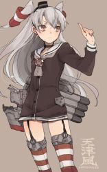 Rule 34 | 10s, 1girl, amatsukaze (kancolle), brown eyes, character name, choker, dress, garter straps, grey neckerchief, hair tubes, hairband, hita (hitapita), index finger raised, kantai collection, long hair, long sleeves, machinery, neckerchief, rensouhou-kun, sailor dress, silver hair, solo, striped clothes, striped thighhighs, thighhighs, turret, two side up