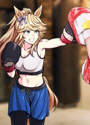 Rule 34 | 1girl, absurdres, alternate hairstyle, black gloves, black leggings, blonde hair, blue bow, blue shorts, blurry, blurry background, bow, boxing, boxing gloves, breasts, cleavage, clenched teeth, commentary, commission, cowboy shot, crop top, drawstring, ear bow, flying sweatdrops, gloves, gold city (umamusume), grey eyes, groin, highres, horse girl, horse tail, kantou rengou, leggings, midriff, navel, ponytail, shorts, sidelocks, skeb commission, solo focus, swept bangs, tail, tank top, teeth, toned, training, umamusume, white tank top