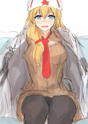 Rule 34 | 1girl, absurdres, blonde hair, blue eyes, blush, breasts, brown sweater, fur hat, girls&#039; frontline, hair between eyes, hat, highres, huge filesize, jacket, long hair, looking at viewer, mod3 (girls&#039; frontline), mosin-nagant (girls&#039; frontline), mosin-nagant (mod3) (girls&#039; frontline), muteppona hito, necktie, open clothes, open jacket, open mouth, pants, papakha, red necktie, sitting, solo, sweater, white background, white hat, white jacket