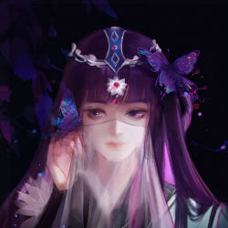 Rule 34 | 1girl, absurdres, black background, bug, butterfly, hair ornament, hand up, highres, insect, long hair, looking to the side, purple hair, qinshi mingyue, shao siming (qin shi ming yue), shao siming zhuye, solo, upper body, veil