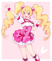 Rule 34 | 00s, 1girl, :d, blonde hair, blush, boots, choker, cure peach, dress, earrings, eyelashes, fresh precure!, frilled dress, frills, hair ornament, hairclip, happy, heart, heart earrings, heart hair ornament, jewelry, knee boots, kneehighs, kurochiroko, long hair, looking at viewer, magical girl, momozono love, open mouth, pink background, pink dress, pink eyes, pink socks, pink theme, precure, puffy sleeves, ribbon, smile, socks, solo, standing, twintails, wrist cuffs