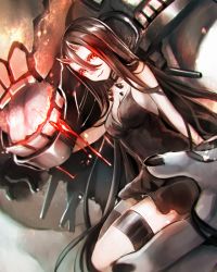 Rule 34 | 1girl, abyssal ship, battleship princess, black dress, black hair, breasts, cleavage, commentary request, dress, hair between eyes, horns, kantai collection, long hair, looking at viewer, pale skin, red eyes, short dress, smile, solo, teroru, thigh strap