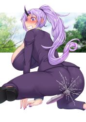 Rule 34 | 1girl, ass, blush, breasts, female ejaculation, full-face blush, high ponytail, highres, hitachi magic wand, horns, huge breasts, light purple hair, loafers, long hair, nail polish, niwatora, oni horns, pants, purple eyes, purple nails, purple pants, purple suit, pussy juice, saliva, sex toy, shion (tensei shitara slime datta ken), shoes, solo, suit, tears, teeth, tensei shitara slime datta ken, vibrator
