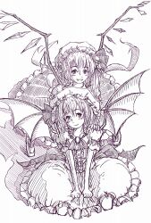 Rule 34 | 2girls, ascot, bat wings, brooch, center frills, closed mouth, commentary request, daro, fang, flandre scarlet, frilled skirt, frills, hands on another&#039;s shoulders, hat, head tilt, jewelry, looking at another, making-of available, mob cap, monochrome, multiple girls, open mouth, puffy short sleeves, puffy sleeves, remilia scarlet, short sleeves, siblings, sisters, sitting, sketch, skirt, touhou, wings