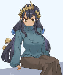 Rule 34 | 1girl, black hair, blue sweater, blush, breasts, brown eyes, brown skirt, closed mouth, commentary request, feet out of frame, grey background, highres, long hair, long skirt, looking at viewer, medium bangs, medium breasts, mitsuru aga, nanashi inc., pointy ears, shimamura charlotte, sitting, skirt, smile, solo, sweater, tan, turtleneck, turtleneck sweater, very long hair, virtual youtuber