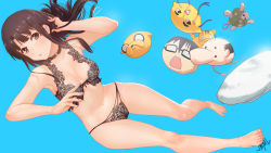 Rule 34 | 1girl, :o, absurdres, adjusting hair, adventure time, aki tomoya, armpits, artist name, bare arms, bare legs, bare shoulders, barefoot, black bra, black panties, blue background, blunt bangs, bra, breasts, brown eyes, brown hair, character mask, choker, collarbone, eyelashes, feet, full body, groin, hand in own hair, hand up, hat, highres, jake the dog, katou megumi, lace, lace-trimmed bra, lace-trimmed panties, lace trim, legs, lingerie, long hair, looking at viewer, mask, medium breasts, navel, open mouth, palmtop tiger, panties, saenai heroine no sodatekata, simple background, soles, solo, steamy tomato, stomach, toes, toradora!, tucking hair, underwear, underwear only, white hat