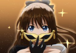 Rule 34 | 1girl, aqua eyes, artist name, artist request, back bow, bare shoulders, black dress, black gloves, blue eyes, blush, bow, breasts, brown hair, buttons, choker, collarbone, dress, drop earrings, earrings, female focus, gloves, grey bow, hair between eyes, hair bow, high ponytail, highres, holding, holding mask, jewelry, lace, lace gloves, long hair, looking at viewer, love live!, love live! nijigasaki high school idol club, love live! school idol festival, mask, multicolored clothes, necklace, off-shoulder dress, off shoulder, osaka shizuku, parted lips, ponytail, sidelocks, sleeveless, sleeveless dress, smile, solitude rain (love live!), solo, sparkle, two-tone dress, upper body, v-shaped eyebrows, white bow, white dress