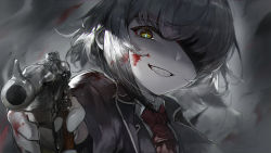 Rule 34 | 1girl, absurdres, aiming, aiming at viewer, blood, blood in hair, blood on clothes, blood on face, blood on hands, bow, bowtie, commentary, english commentary, eyepatch, grey background, grey hair, grey jacket, grin, gun, handgun, highres, holding, holding gun, holding weapon, jacket, light particles, limited palette, long sleeves, one eye covered, original, pistol, qingfeng canying, red bow, red bowtie, short hair, slit pupils, smile, solo, upper body, weapon, yellow eyes