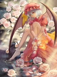 Rule 34 | 1girl, ankle socks, bare legs, bat wings, bobby socks, dress, fire, flower, hat, hat ribbon, head tilt, highres, knee up, looking at viewer, maomaozi, mary janes, mob cap, outstretched hand, parted lips, petals, pink flower, pink rose, platform footwear, puffy short sleeves, puffy sleeves, reflection, remilia scarlet, ribbon, rose, shoes, short hair, short sleeves, silver hair, single shoe, sitting, smile, soaking feet, socks, solo, touhou, water, when you see it, wings, wrist cuffs, yellow eyes