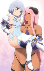 Rule 34 | 2girls, age difference, armor, bikini, bikini top only, blue eyes, blue leotard, blunt bangs, breasts, cameltoe, capitan (tsyoujo), carrying, cleft of venus, closed mouth, clothing cutout, collarbone, commentary request, cowboy shot, dark skin, earrings, fat, flat chest, gauntlets, gradient background, green eyes, groin, highres, horns, interracial, jewelry, large breasts, leotard, long hair, looking at another, multiple girls, navel, o-ring, o-ring bikini, onee-loli, open mouth, original, parted bangs, pink hair, princess carry, purple bikini, short hair, side cutout, size difference, small breasts, smile, swimsuit, thong, underboob cutout, yuri