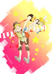 Rule 34 | 1boy, 1girl, bad id, bad pixiv id, baseball cap, blonde hair, blue eyes, brother and sister, casual, earrings, gutyeko, hair ornament, hair ribbon, hairclip, hat, hood, hoodie, jewelry, juvenile (vocaloid), kagamine len, kagamine rin, leap frog, ribbon, short hair, shorts, siblings, smile, string, string of fate, twins, vocaloid