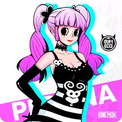 Rule 34 | 1girl, absurdres, artist name, artist request, black eyes, breasts, character name, cleavage, dress, drill hair, elbow gloves, eyes visible through hair, gloves, hand on own hip, highres, long hair, looking at viewer, medium breasts, one piece, perona, pink hair, shiny skin, simple background, striped clothes, striped dress, striped thighhighs, thighhighs, twintails, very long hair, wide hips
