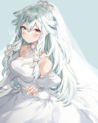 Rule 34 | 1girl, bare shoulders, breasts, brown eyes, character name, closed mouth, commentary request, detached sleeves, dress, flower, flower knight girl, grey background, grey hair, hair between eyes, hair flower, hair ornament, jewelry, juliet sleeves, long hair, long sleeves, medium breasts, puffy sleeves, ring, satsuki misuzu, see-through, signature, simple background, smile, solo, veil, very long hair, wedding band, wedding dress, white dress, white flower, white sleeves