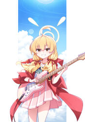 Rule 34 | 1girl, ahoge, blonde hair, blue archive, blush, brown eyes, cowboy shot, electric guitar, grin, guitar, hair between eyes, halo, harada (sansei rain), highres, holding, holding instrument, instrument, jacket, long hair, official alternate costume, open clothes, open jacket, pink skirt, pleated skirt, red jacket, shirt, skirt, smile, solo, white shirt, yellow halo, yoshimi (band) (blue archive), yoshimi (blue archive)