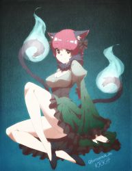 Rule 34 | 1girl, adapted costume, alternate costume, animal ears, artist name, bow, braid, breasts, cat ears, cat tail, cleavage, dress, frills, full body, fur trim, gradient background, green dress, hair bow, highres, image sample, kaenbyou rin, krkh, large breasts, long hair, long sleeves, multiple tails, puffy sleeves, red eyes, red hair, shoes, solo, tail, touhou, twin braids, twitter username, wide sleeves