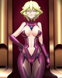 Rule 34 | 10s, 1girl, 5ht, ass, bare shoulders, blonde hair, blue eyes, bodysuit, breasts, cameltoe, carol malus dienheim, claws, elbow gloves, gloves, gluteal fold, hand on own hip, highres, large breasts, mole, mole under eye, multicolored eyes, narrowed eyes, navel, aged up, open mouth, purple bodysuit, purple eyes, senki zesshou symphogear, short hair, skin tight, smile, solo, spoilers, standing, thigh gap, throne, wide hips
