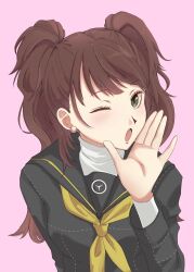 Rule 34 | 1girl, ;o, absurdres, black sailor collar, black serafuku, brown eyes, brown hair, commentary request, cover, cover page, earrings, go-toubun no hanayome, hand up, highres, jewelry, kujikawa rise, long hair, long sleeves, looking at viewer, neckerchief, one eye closed, open mouth, persona, persona 4, sailor collar, school uniform, serafuku, sidelocks, simple background, solo, turtleneck, twintails, upper body, usa (kawaii 152cm), yasogami school uniform, yellow neckerchief
