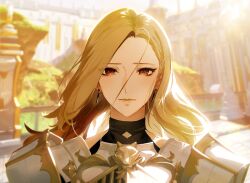 Rule 34 | 1girl, akiyoshi haru, armor, blonde hair, brown eyes, close-up, closed mouth, day, earrings, hair flowing over, jewelry, kisara (tales), lips, long hair, looking at viewer, loose hair strand, portrait, shoulder armor, sky, solo, tales of (series), tales of arise, upper body