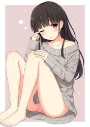 Rule 34 | 1girl, ;o, bare shoulders, barefoot, black hair, blunt bangs, brown background, brown eyes, brown hair, collarbone, commentary request, feet, fingernails, grey sweater, head tilt, long hair, looking at viewer, nakamura sumikage, no pants, off shoulder, one eye closed, original, panties, parted lips, pink panties, rubbing eyes, sitting, solo, star (symbol), sweater, toenails, two-tone background, underwear, white background