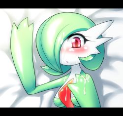 Rule 34 | 1girl, bad id, bad pixiv id, blush, creatures (company), cum, cum on body, cum on hair, cum on upper body, facial, game freak, gardevoir, gen 3 pokemon, hair over one eye, letterboxed, looking at viewer, lying, nintendo, nme, pokemon, pokemon (creature), pov, red eyes, solo