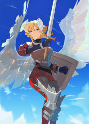 Rule 34 | 1girl, armor, belt, blonde hair, blue eyes, blue sky, breastplate, cloud, commentary, commission, d4ggerfish, english commentary, head wings, highres, holding, holding shield, holding sword, holding weapon, medium hair, ochlys (unicorn overlord), parted lips, shield, signature, sky, solo, sword, teeth, unicorn overlord, watermark, weapon, wings