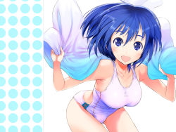 Rule 34 | 1girl, :d, blue eyes, blue hair, blush, breasts, collarbone, competition swimsuit, frogman, holding, izumi haruka, looking at viewer, matching hair/eyes, nylon (nylon 100%), one-piece swimsuit, open mouth, short hair, smile, solo, swimsuit, towel