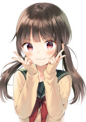 Rule 34 | &gt;:), 1girl, blush, brown cardigan, brown hair, cardigan, closed mouth, collarbone, commentary request, double v, fang, fang out, fingernails, green sailor collar, hands up, long hair, long sleeves, low twintails, midorikawa you, neckerchief, original, red eyes, red neckerchief, sailor collar, school uniform, serafuku, simple background, sleeves past wrists, smile, solo, twintails, upper body, v, v-shaped eyebrows, white background