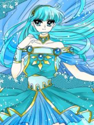 Rule 34 | 1girl, aqua theme, bad id, bad pixiv id, bare shoulders, blue background, blue eyes, blue hair, blue hairband, blue skirt, blue theme, cape, choker, cowboy shot, fukujaku, gem, hairband, long hair, looking at viewer, magic knight rayearth, matching hair/eyes, official alternate costume, official style, ryuuzaki umi, skirt, smile, solo, wrist cuffs