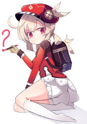 Rule 34 | 1girl, ahoge, artist request, ass, bag, blonde hair, bloomers, blush, dress, genshin impact, hat, klee (genshin impact), kneehighs, long hair, looking at viewer, low twintails, pointy ears, pout, red eyes, skirt, socks, twintails, underwear, uniform, upskirt
