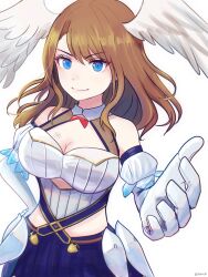 Rule 34 | 1girl, alternate costume, blue eyes, breast tattoo, breasts, brown hair, cleavage, cosplay, dress, eunie (xenoblade), head wings, highres, large breasts, long hair, looking at viewer, medium hair, melia antiqua, melia antiqua (cosplay), short dress, simple background, smile, solo, tattoo, tochiryo, white wings, wings, xenoblade chronicles: future connected, xenoblade chronicles (series), xenoblade chronicles 1, xenoblade chronicles 3