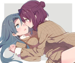 Rule 34 | blue eyes, blue hair, border, brown jacket, closed mouth, collar, commentary request, eye contact, from side, girl on top, grey background, hair bun, half updo, holding hands, interlocked fingers, jacket, long hair, long sleeves, looking at another, lying, on back, open mouth, original, outside border, plaid, plaid jacket, purple eyes, purple hair, school uniform, short hair, single hair bun, smile, sou (tuhut), sweatdrop, white border, white collar, yuri