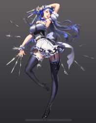 Rule 34 | 1girl, armpits, blue eyes, blue hair, braid, breasts, chaos online, cleavage, floating, floating object, full body, garter straps, headdress, high heels, highres, long hair, love cacao, maid, maid headdress, matching hair/eyes, open mouth, reiden, ribbon, single braid, solo, standing, standing on one leg, thighhighs, thighs, zettai ryouiki