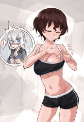 Rule 34 | !, !!, 2girls, :o, adjusting clothes, akaboshi koume, areola slip, black shorts, black sports bra, blue bra, blue eyes, blush, bra, breast envy, breasts, brown hair, cleavage, constricted pupils, double vertical stripe, dressing, closed eyes, girls und panzer, grey shirt, groin, gym shorts, heart, highres, indoors, inset, itsumi erika, kuromorimine school uniform, large breasts, leaning forward, locker, locker room, looking at another, medium breasts, multiple girls, navel, open clothes, open shirt, opened by self, parted lips, school uniform, shirt, short hair, short shorts, shorts, silver hair, spoken exclamation mark, sports bra, standing, sweat, toku (yhpv8752), underwear, undressing, wavy hair