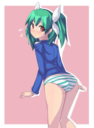 Rule 34 | 1boy, ass, bow, crossdressing, cruz schild, green hair, hair bow, male focus, needless, no pants, outside border, panties, pink background, red eyes, saiste, simple background, solo, standing, striped clothes, striped panties, trap, twintails, underwear, underwear only, yamada, yamada (needless)