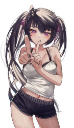 Rule 34 | 1girl, absurdres, black hair, black nails, black shorts, breasts, cleavage, has bad revision, has downscaled revision, highres, koi dance, long hair, looking at viewer, md5 mismatch, medium breasts, midriff, nail polish, navel, original, priite hari (torriet), purple eyes, resolution mismatch, revision, shirt, short shorts, shorts, simple background, solo, source smaller, standing, thighs, torriet, twintails, white background, white shirt