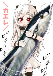 Rule 34 | 10s, 1girl, abyssal ship, ahoge, carrying, commentary request, dress, fish, horns, kantai collection, looking at viewer, mitsuki yuuya, mittens, northern ocean princess, open mouth, orange eyes, pale skin, saury, solo, translation request, white dress, white hair