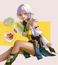Rule 34 | 1girl, :d, absurdres, arm cutout, carole peppers, chinese commentary, clothes around waist, commentary, dark-skinned female, dark skin, fingerless gloves, gloves, highres, honkai (series), honkai impact 3rd, jacket, jacket around waist, looking at viewer, multicolored hair, nail polish, open mouth, sitting, smile, solo, streaked hair, teeth, thighs, tutou jiang, white hair