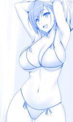 Rule 34 | 1girl, :d, ai-chan (tawawa), armpits, arms behind head, arms up, bikini, blue theme, braid, breasts, cowboy shot, curvy, eyebrows, feet out of frame, female focus, getsuyoubi no tawawa, hair between eyes, hair ornament, hands up, highres, hip focus, large breasts, looking away, monochrome, navel, official style, open mouth, skindentation, smile, solo, standing, stomach, strap gap, string bikini, swimsuit, teeth, thick thighs, thighs, tongue, tony guisado, underboob, undressing, upper body, upper teeth only, wide hips