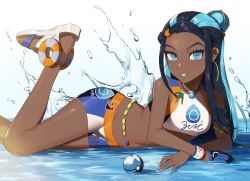 Rule 34 | 1girl, armlet, bare legs, bare shoulders, bike shorts, black hair, blue eyes, blue gloves, blue hair, clothes writing, creatures (company), crop top, dark-skinned female, dark skin, dive ball, earrings, feet up, forehead, game freak, gloves, gym leader, highres, hoop earrings, jewelry, long hair, looking at viewer, lying, multicolored hair, navel, nessa (pokemon), nintendo, on stomach, parted lips, poke ball, pokemon, pokemon swsh, sandals, shallow water, shibainu, sidelocks, simple background, single glove, smile, solo, splashing, two-tone hair, very long hair, water, white background, white footwear