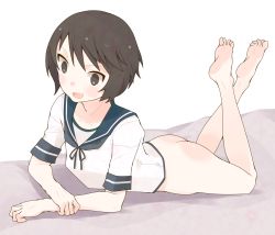 Rule 34 | 10s, 1girl, ass, barefoot, bottomless, brown eyes, brown hair, fang, feet, kantai collection, miyuki (kancolle), on stomach, open mouth, short hair, soles, toes