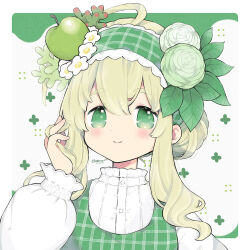 Rule 34 | 1girl, ahoge, blonde hair, blush, closed mouth, dress, flower, food, fruit, green eyes, green hairband, hair bun, hair flower, hair ornament, hairband, hand up, long sleeves, looking at viewer, original, plaid, puffy long sleeves, puffy sleeves, shamo3, shirt, signature, smile, solo, upper body, white flower, white shirt