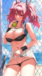Rule 34 | 1girl, azur lane, ball, bare shoulders, black bra, black panties, blue sky, blush, bra, breasts, bremerton (azur lane), bremerton (scorching-hot training) (azur lane), chain-link fence, cleavage, collarbone, day, fence, hair ornament, hairclip, heart, heart necklace, highres, hua-j, jewelry, large breasts, long hair, long torso, looking at viewer, mole, mole under eye, navel, necklace, panties, pink eyes, pink hair, racket, sidelocks, sky, smile, sportswear, tennis ball, tennis racket, tennis uniform, thighs, twintails, two-tone shirt, underwear