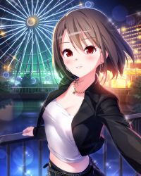 Rule 34 | 1girl, absurdres, bad id, bad pixiv id, blush, breasts, bridge, brown hair, building, cleavage, earrings, ferris wheel, highres, idol wars z, jewelry, lens flare, long sleeves, looking at viewer, necklace, night, official art, outdoors, railing, red eyes, shirt, short hair, small breasts, solo, standing, strapless, third-party source, tojo seira, tube top, white shirt