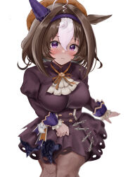 Rule 34 | 1girl, @ @, ahoge, animal ears, beret, breasts, brown hair, closed mouth, commentary request, dress, hair between eyes, halloween costume, hat, headband, highres, horse ears, horse girl, large breasts, long sleeves, looking at viewer, meisho doto (dot-o&#039;-lantern) (umamusume), meisho doto (umamusume), multicolored hair, official alternate costume, pantyhose, puffy sleeves, purple dress, purple eyes, simple background, solo, streaked hair, umainu 2002, umamusume, white background, white hair