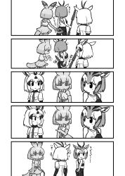 3girls, ^^^, animal ears, arabian oryx (kemono friends), bag, bangs, bare shoulders, blush, camisole, cellval, chibi, elbow gloves, embarrassed, eyebrows visible through hair, furrowed eyebrows, gazelle ears, gazelle horns, gazelle tail, gloves, greyscale, hand on ass, highres, holding, holding weapon, kemono friends, kemono friends 3, kotobuki (tiny life), long sleeves, looking at another, medium hair, monochrome, multicolored hair, multiple girls, pants, pointing, pointing at another, polearm, shirt, short over long sleeves, short sleeves, shoulder bag, skirt, tail, tail through clothes, thomson&#039;s gazelle (kemono friends), translation request, weapon
