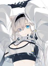 Rule 34 | 1girl, arknights, arms up, aurora (arknights), black gloves, black hairband, blue eyes, breasts, cleavage, closed mouth, crop top, eyes visible through hair, gloves, hair over one eye, hairband, highres, idass (idass16), large breasts, long hair, long sleeves, looking at viewer, puffy long sleeves, puffy sleeves, silver hair, simple background, smile, solo, sports bra, upper body, white background
