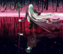 Rule 34 | 1boy, 1girl, alucard (hellsing), artist name, black hair, commentary request, cross, different reflection, from behind, hand on own hip, hellsing, integra hellsing, lake, long coat, long hair, reflection, reflective water, toshimichi yukari, tree, very long hair, wading, watermark, web address, white hair